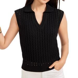 Talbots Black Lightweight Cotton Open Stitch Johnny Collar Sweater Vest